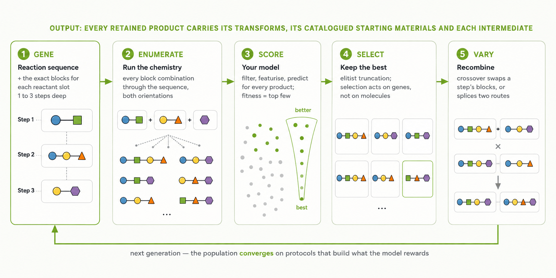 The ChIP search cycle: gene, enumerate, score, select, vary