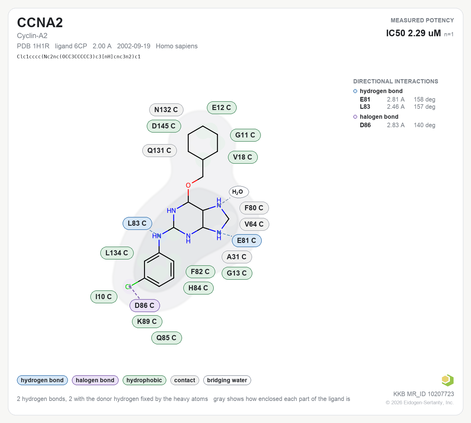 Contact map for CCNA2 with ligand 6CP from PDB entry 1H1R, showing the ligand as a flat structure with its measured interactions labeled by residue.