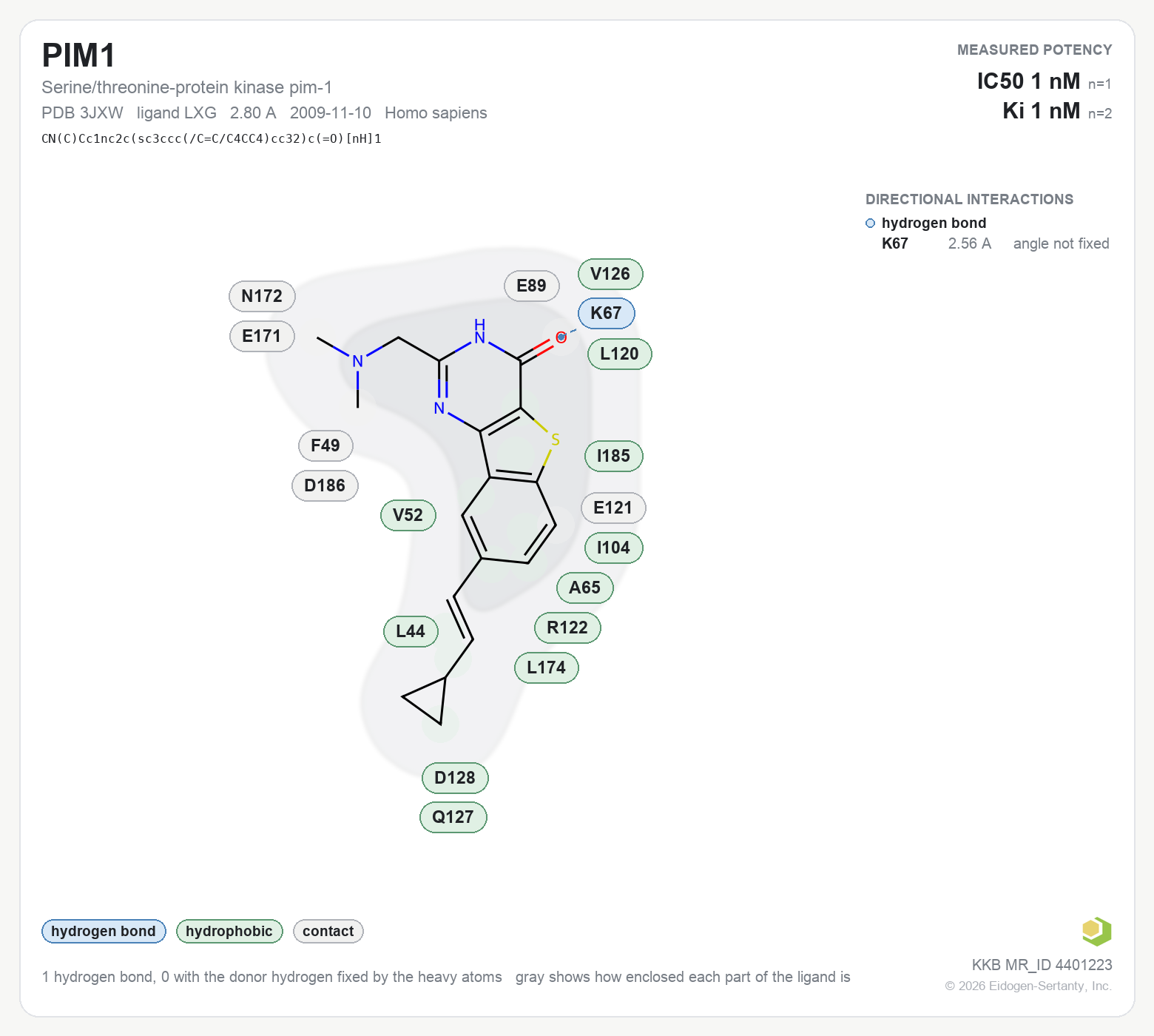 Contact map for PIM1 with ligand LXG from PDB entry 3JXW, showing the ligand as a flat structure with its measured interactions labeled by residue.