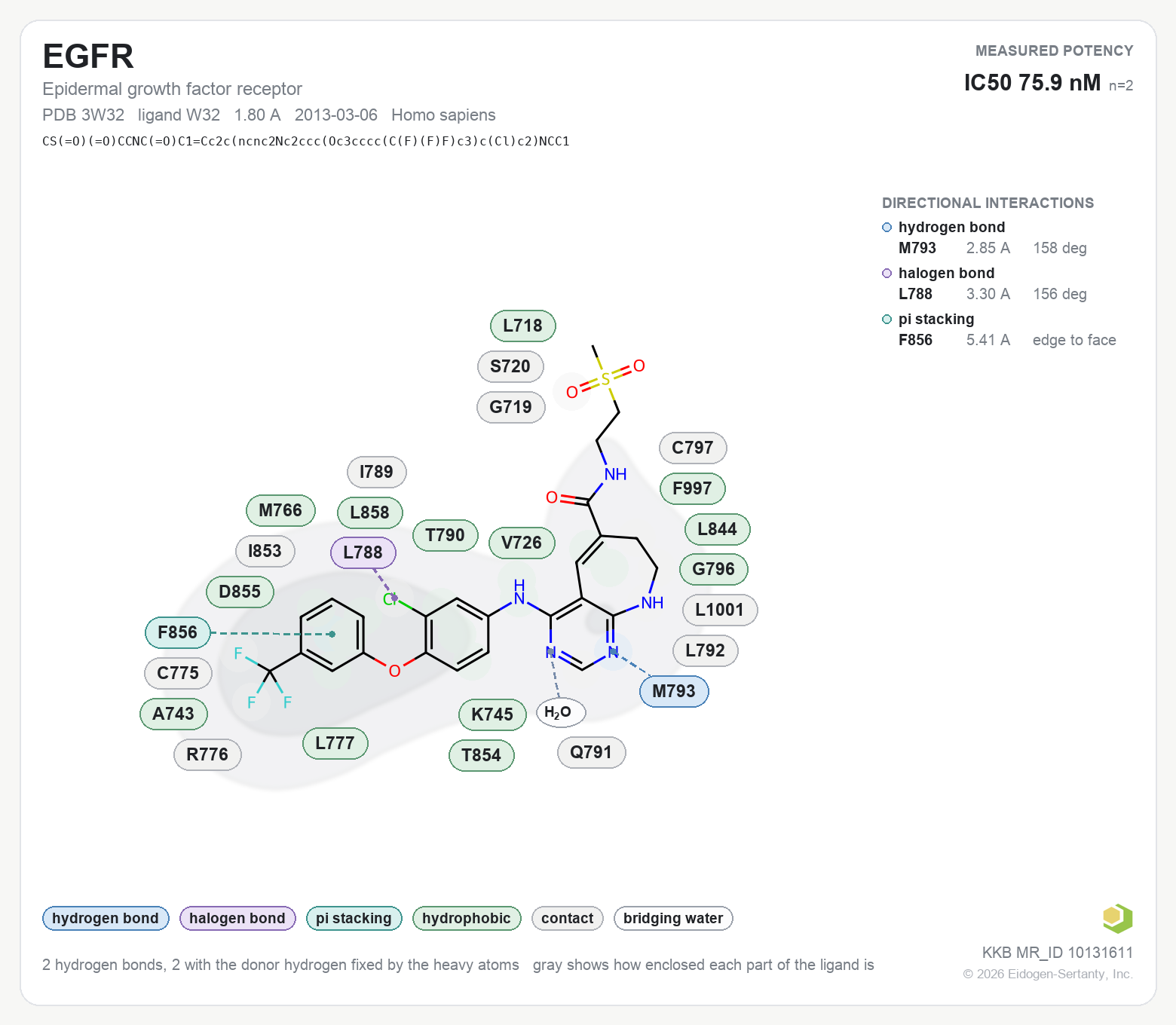 Contact map for EGFR with ligand W32 from PDB entry 3W32, showing the ligand as a flat structure with its measured interactions labeled by residue.