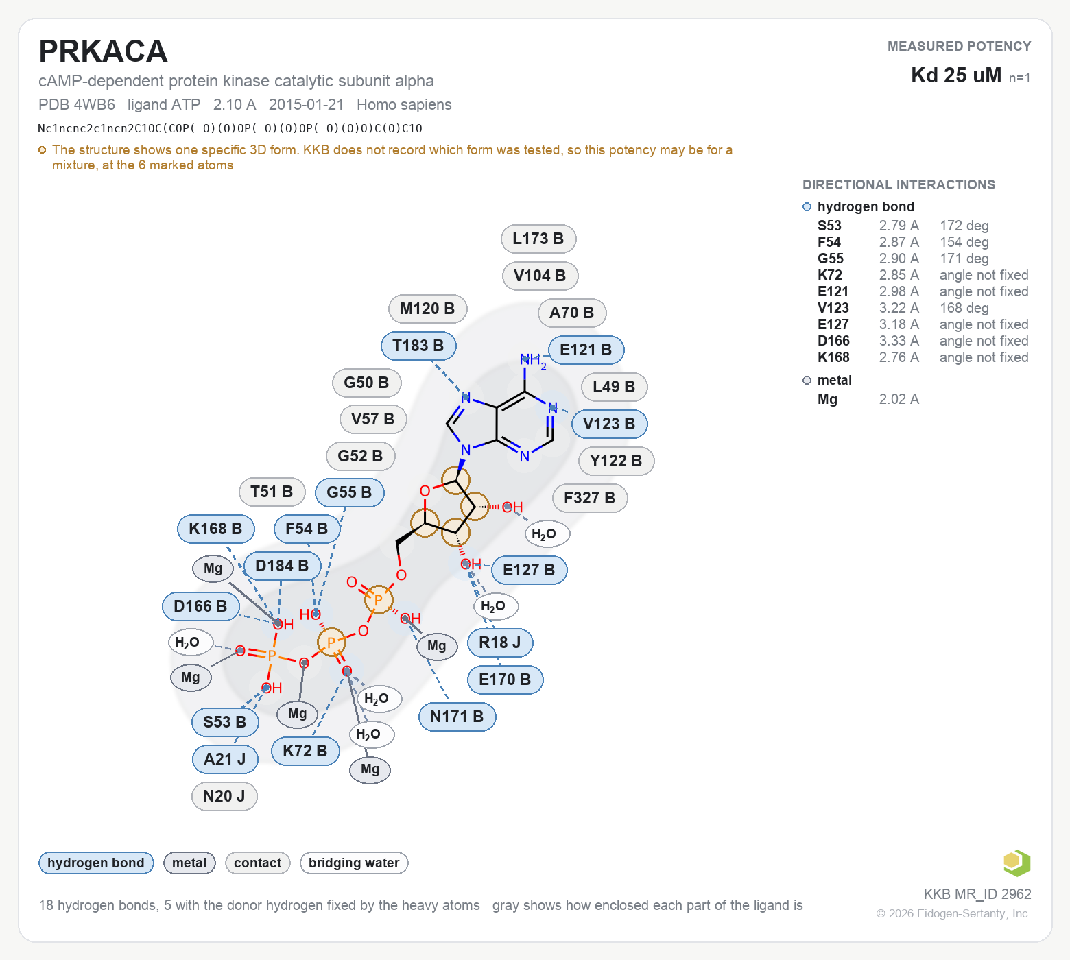 Contact map for PRKACA with ligand ATP from PDB entry 4WB6, showing the ligand as a flat structure with its measured interactions labeled by residue.
