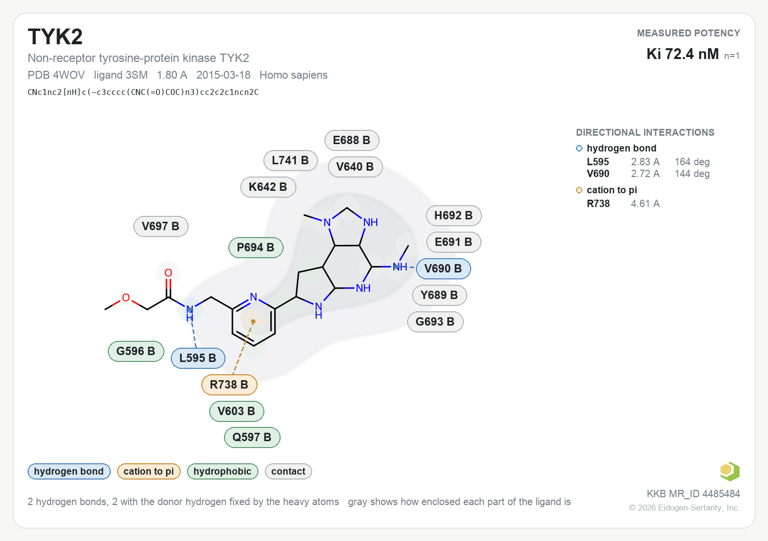 Contact map for TYK2 with ligand 3SM from PDB entry 4WOV, showing the ligand as a flat structure with its measured interactions labeled by residue.