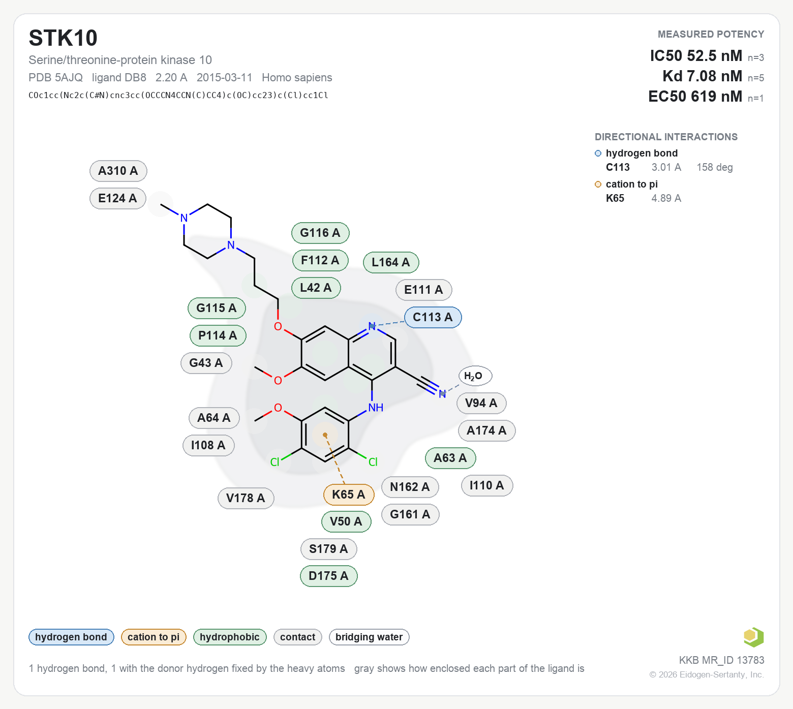 Contact map for STK10 with ligand DB8 from PDB entry 5AJQ, IC50 52.5 nM in the Kinase Knowledgebase, showing the measured interactions on the flat structure