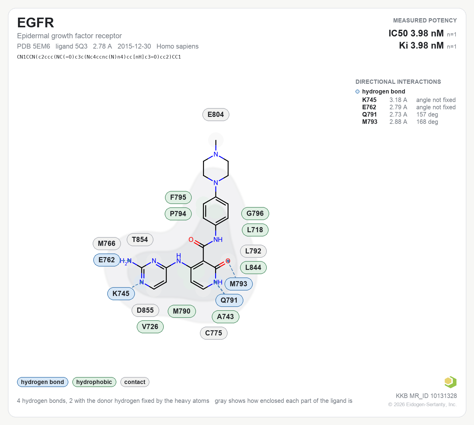 Contact map for EGFR with ligand 5Q3 from PDB entry 5EM6, showing the ligand as a flat structure with its measured interactions labeled by residue.