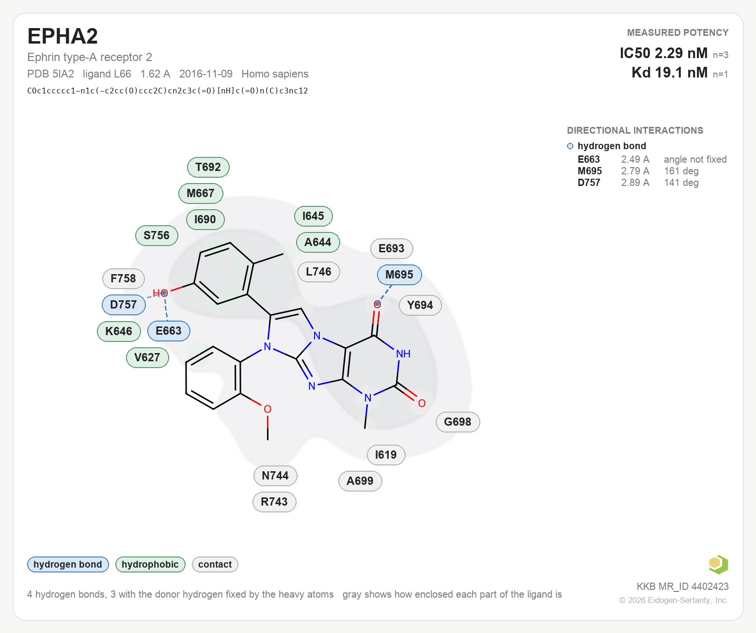 Contact map for EPHA2 with ligand L66 from PDB entry 5IA2, showing the ligand as a flat structure with its measured interactions labeled by residue.