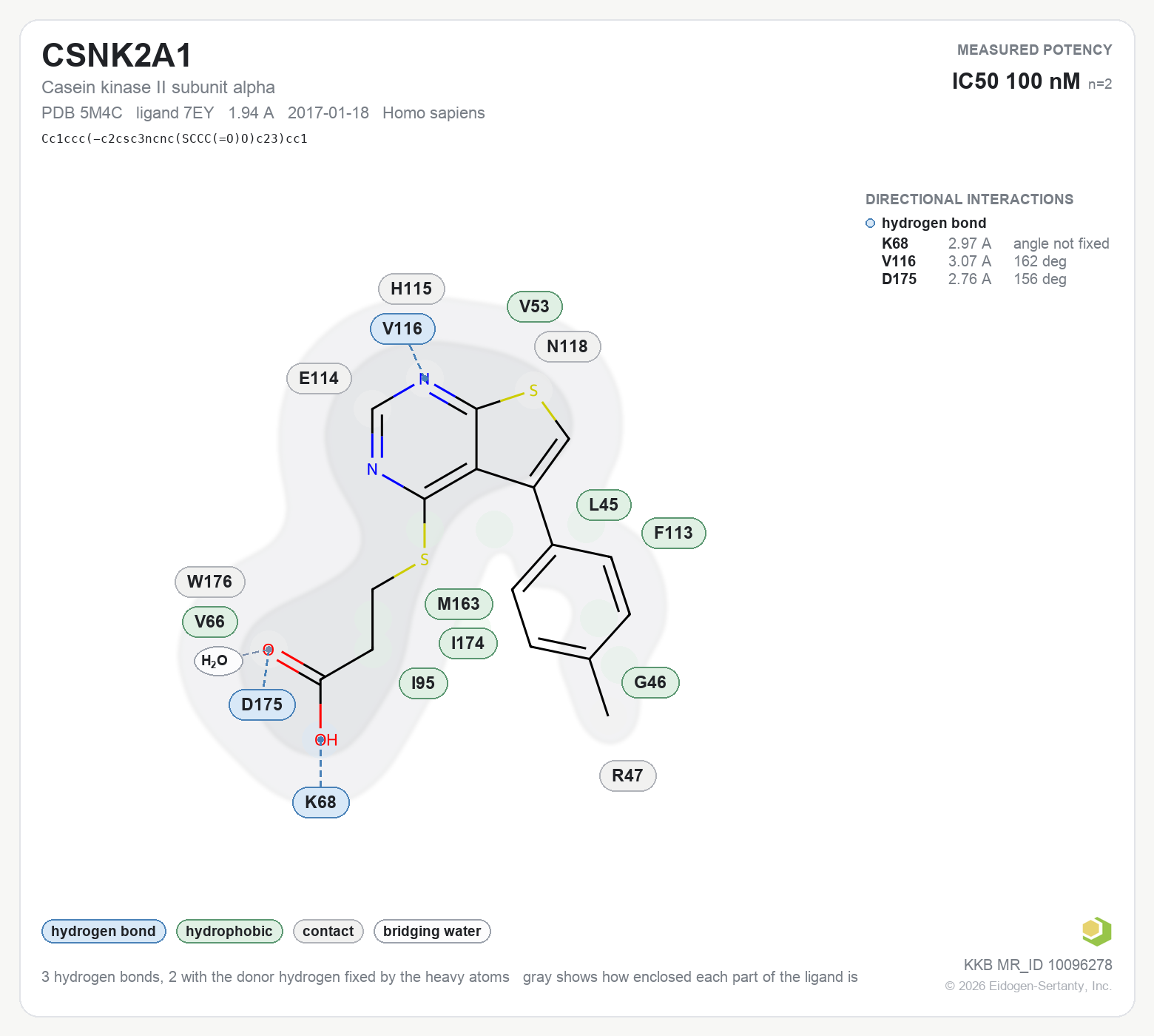 Contact map for CSNK2A1 with ligand 7EY from PDB entry 5M4C, showing the ligand as a flat structure with its measured interactions labeled by residue.