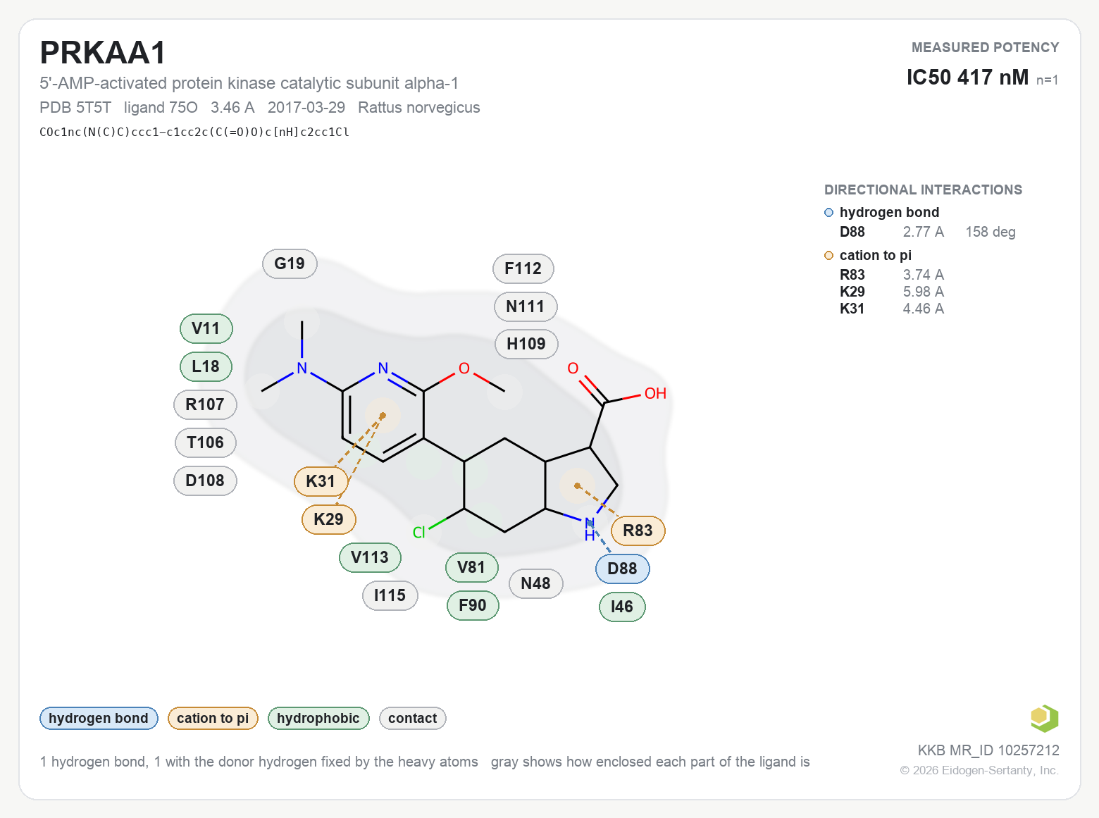 Contact map for PRKAA1 with ligand 75O from PDB entry 5T5T, IC50 417 nM in the Kinase Knowledgebase, showing the measured interactions on the flat structure