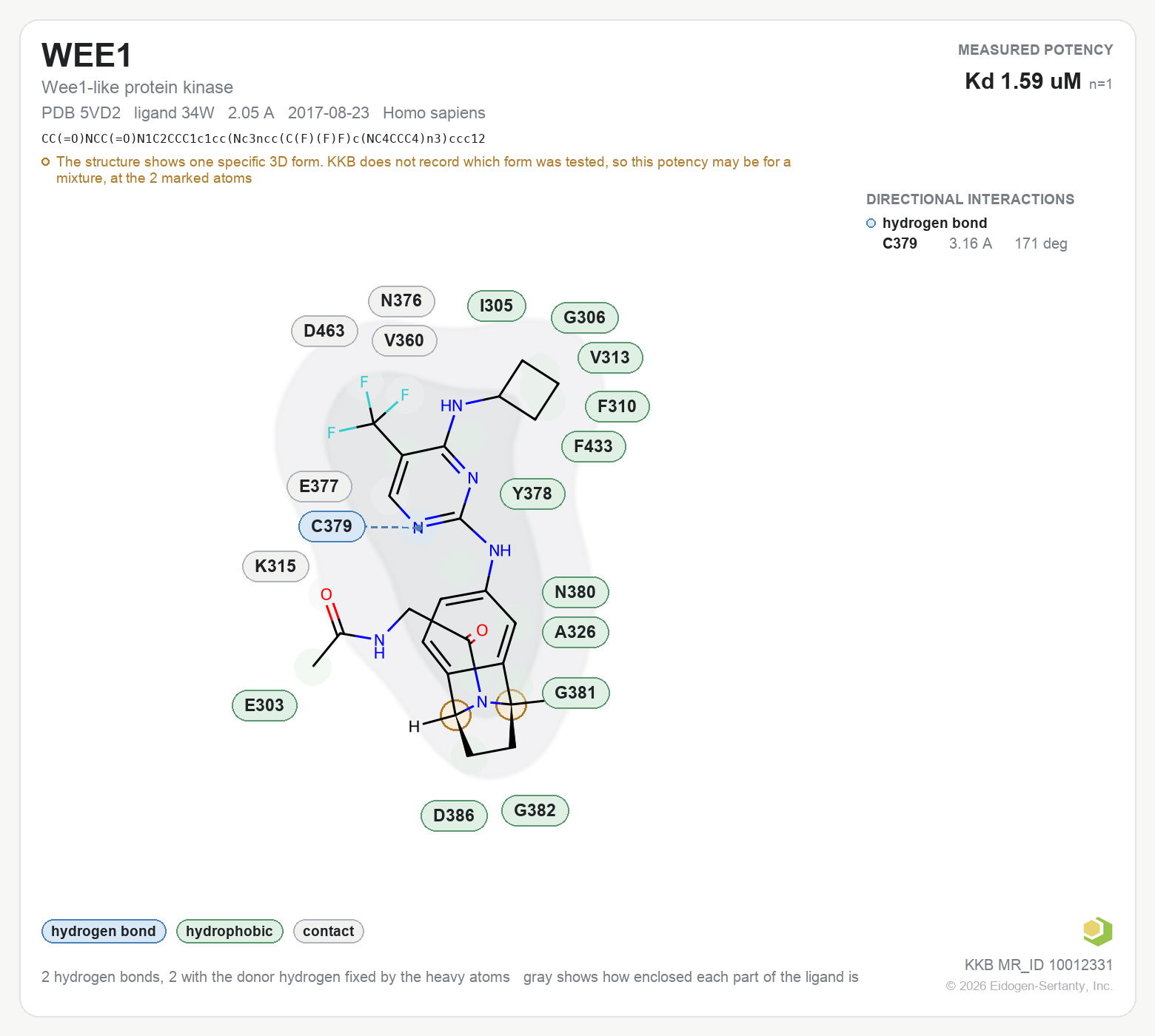 Contact map for WEE1 with ligand 34W from PDB entry 5VD2, showing the ligand as a flat structure with its measured interactions labeled by residue.