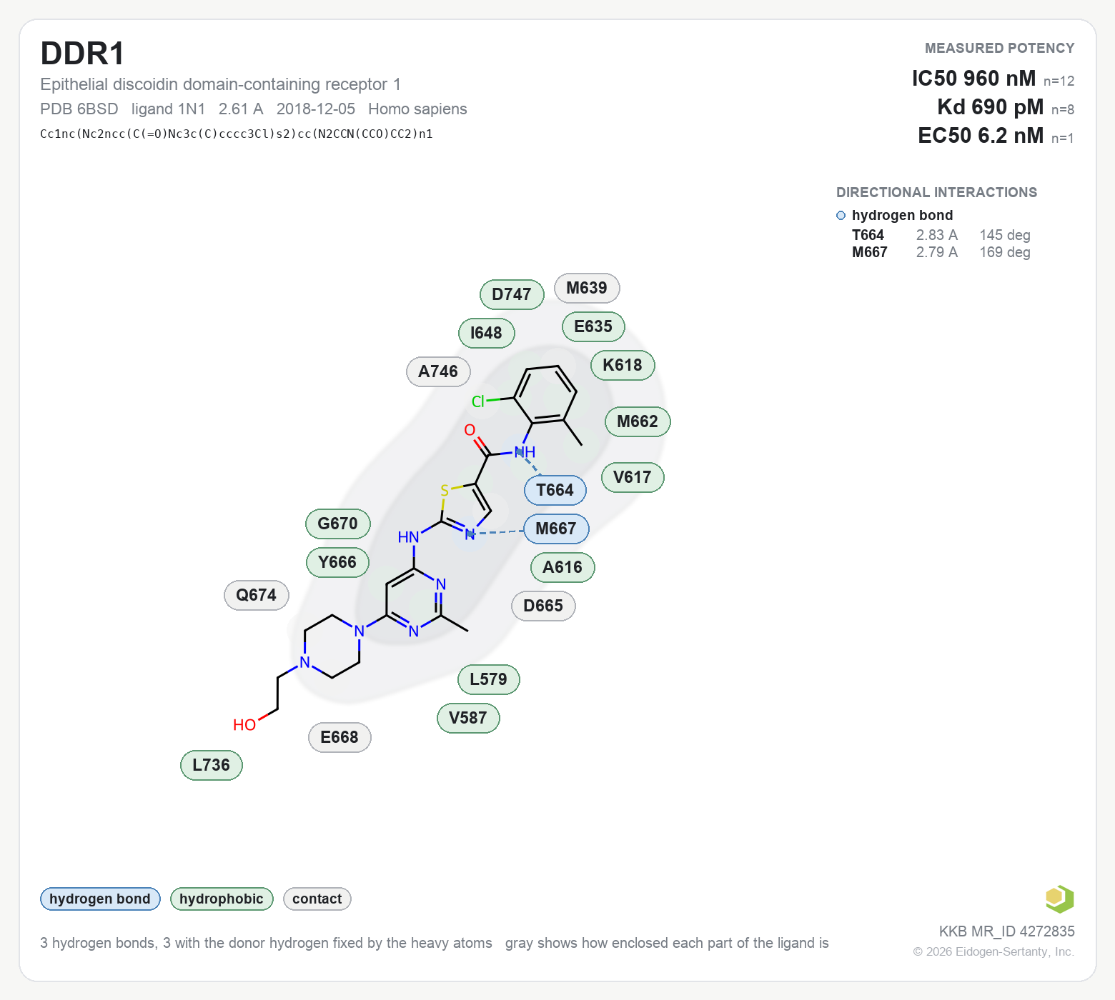 Contact map for DDR1 with ligand 1N1 from PDB entry 6BSD, showing the ligand as a flat structure with its measured interactions labeled by residue.