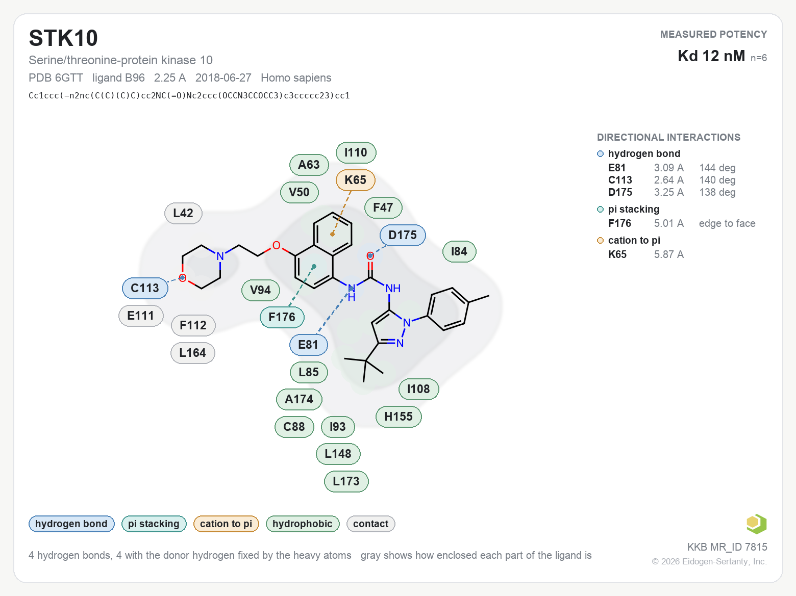 Contact map for STK10 with ligand B96 from PDB entry 6GTT, KD 12 nM in the Kinase Knowledgebase, showing the measured interactions on the flat structure