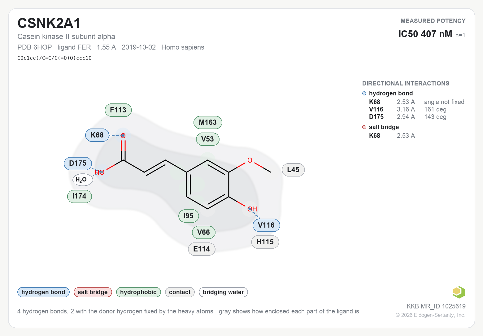 Contact map for CSNK2A1 with ligand FER from PDB entry 6HOP, showing the ligand as a flat structure with its measured interactions labeled by residue.
