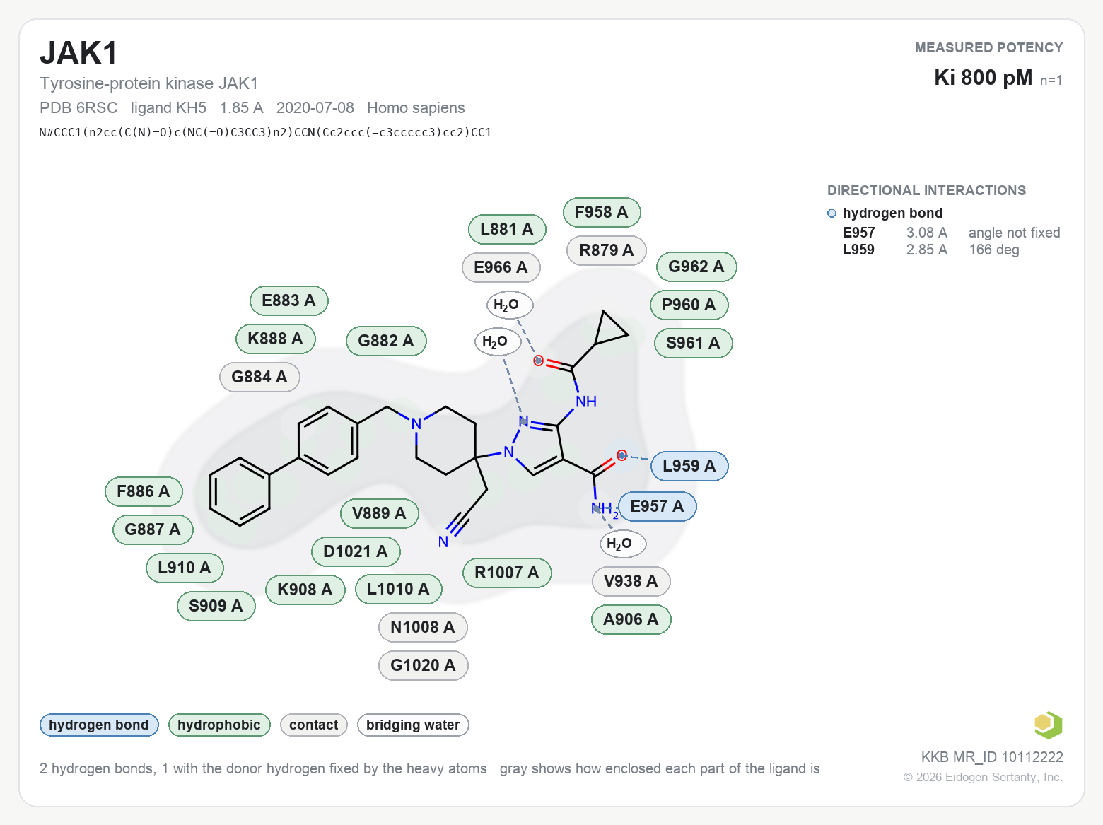 Contact map for JAK1 with ligand KH5 from PDB entry 6RSC, KI 0.8 nM in the Kinase Knowledgebase, showing the measured interactions on the flat structure
