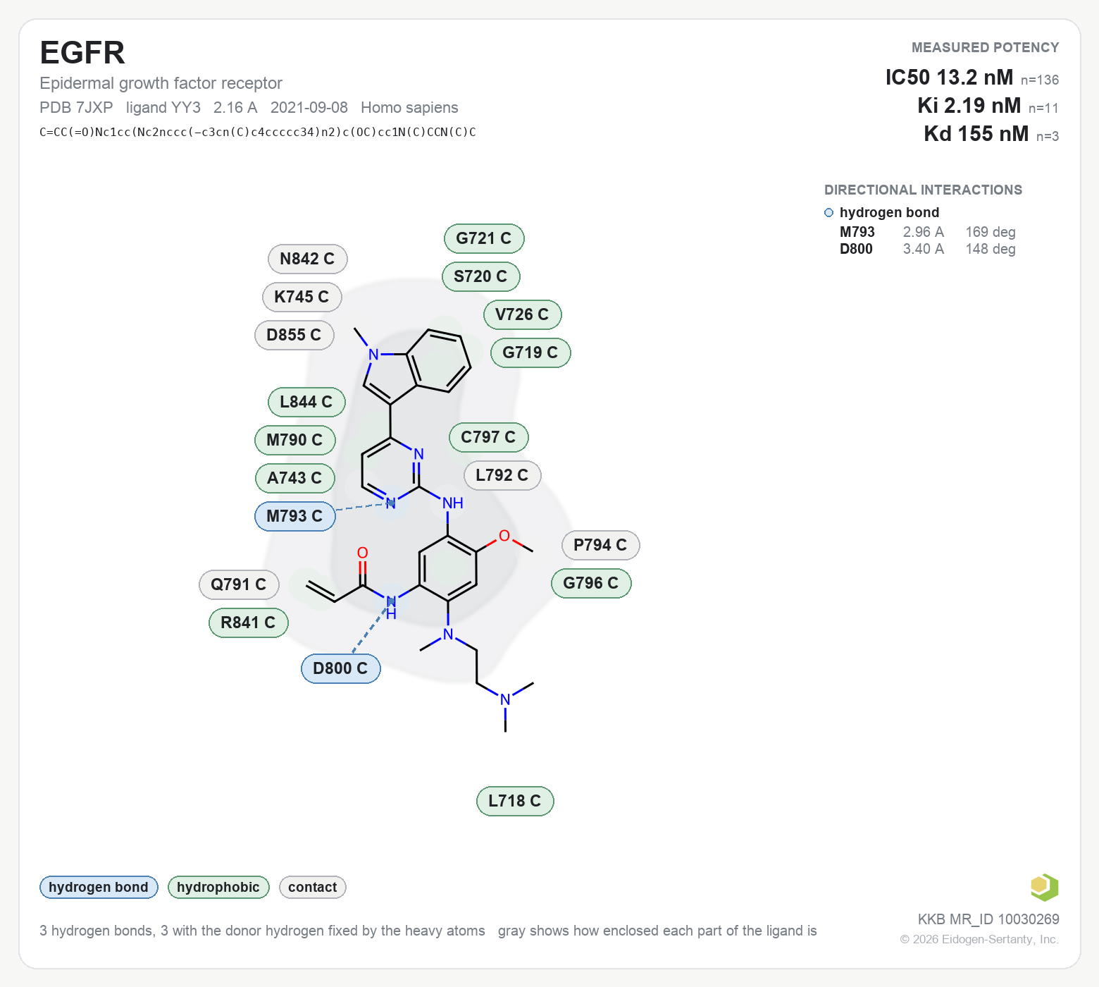 Contact map for EGFR with ligand YY3 from PDB entry 7JXP, showing the ligand as a flat structure with its measured interactions labeled by residue.