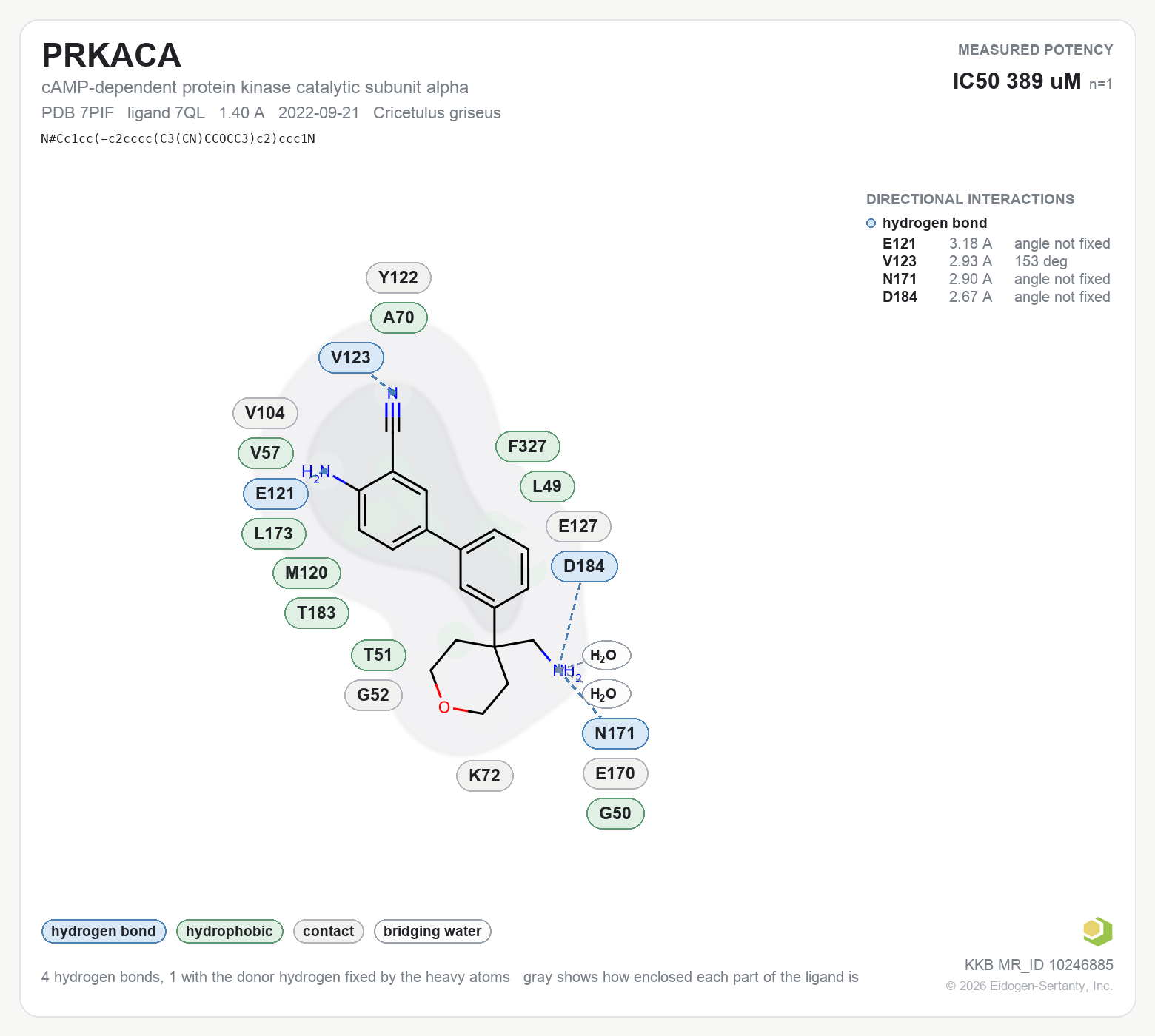 Contact map for PRKACA with ligand 7QL from PDB entry 7PIF, IC50 389 uM in the Kinase Knowledgebase, showing the measured interactions on the flat structure