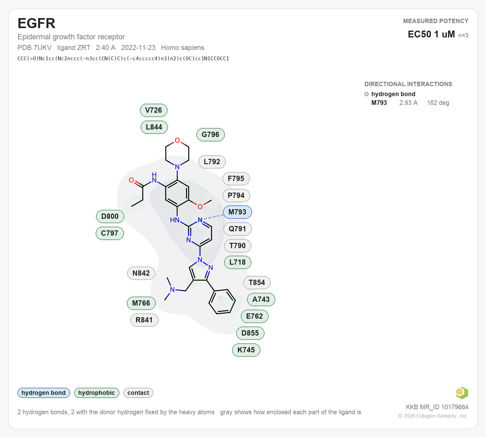 Contact map for EGFR with ligand ZRT from PDB entry 7UKV, showing the ligand as a flat structure with its measured interactions labeled by residue.