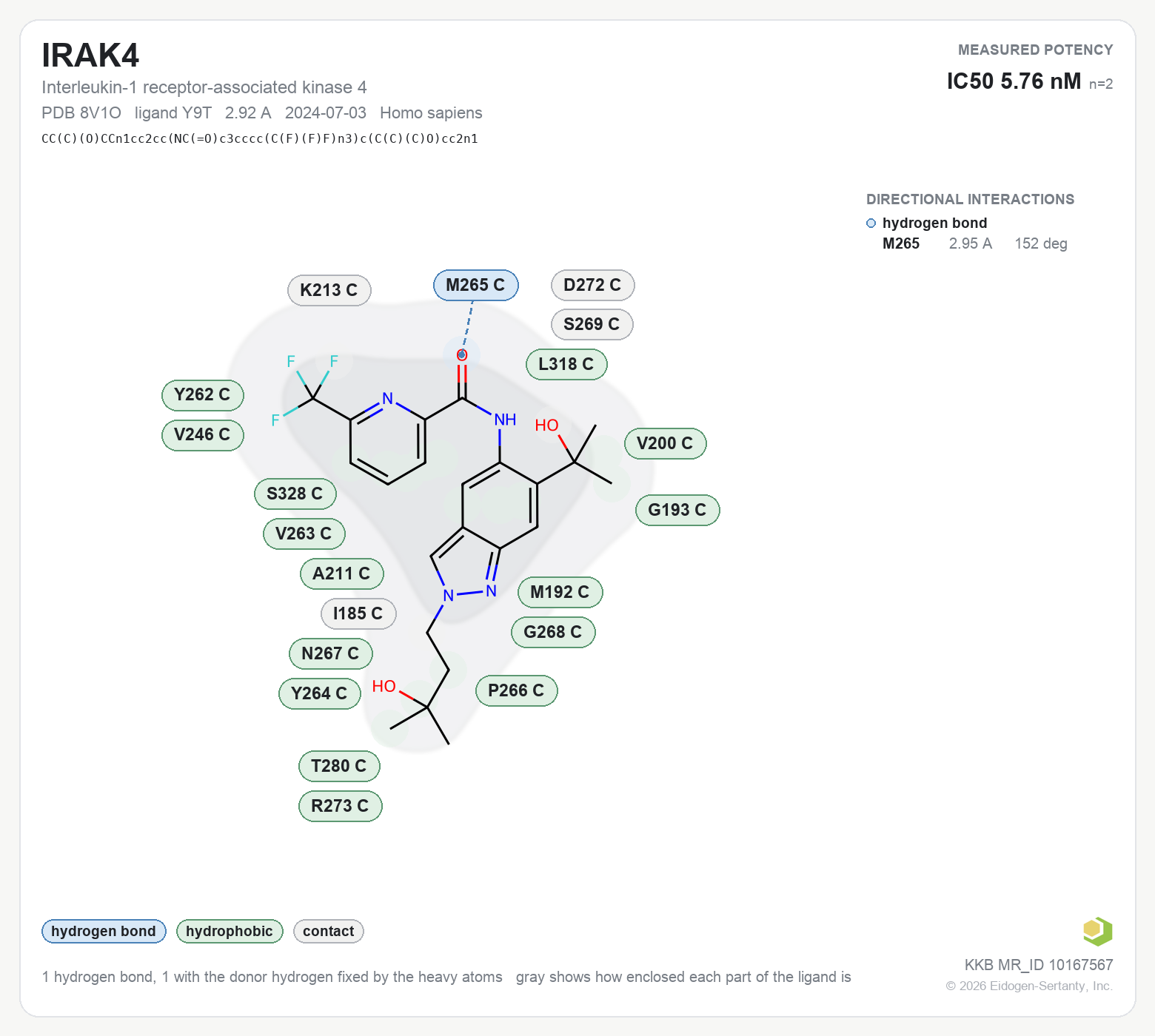 Contact map for IRAK4 with ligand Y9T from PDB entry 8V1O, showing the ligand as a flat structure with its measured interactions labeled by residue.