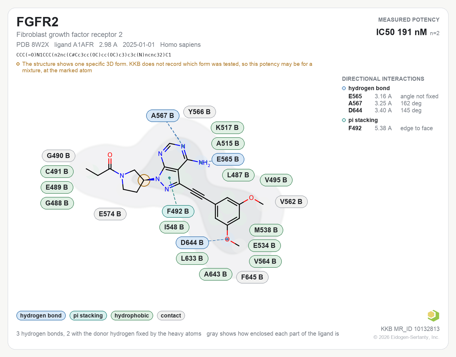 Contact map for FGFR2 with ligand A1AFR from PDB entry 8W2X, showing the ligand as a flat structure with its measured interactions labeled by residue.