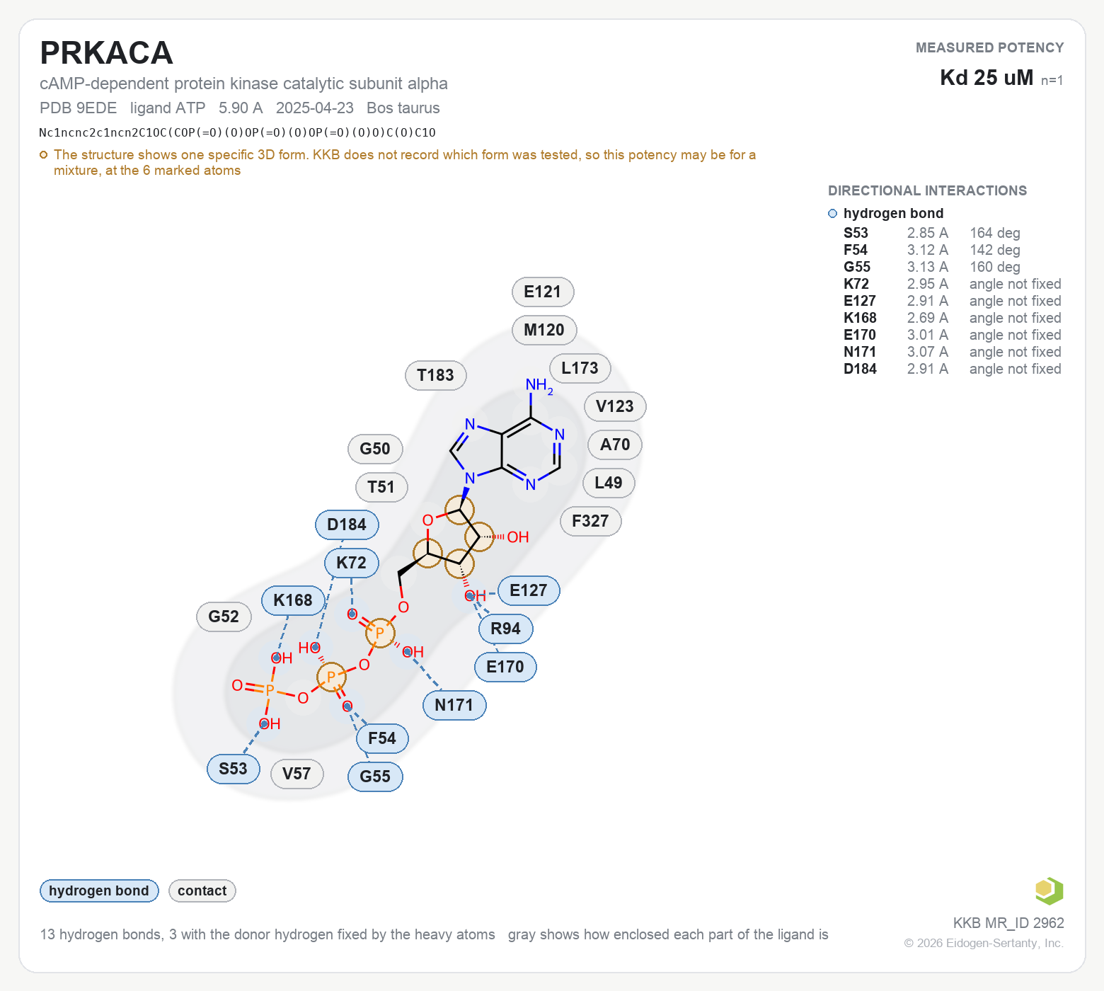 Contact map for PRKACA with ligand ATP from PDB entry 9EDE, showing the ligand as a flat structure with its measured interactions labeled by residue.