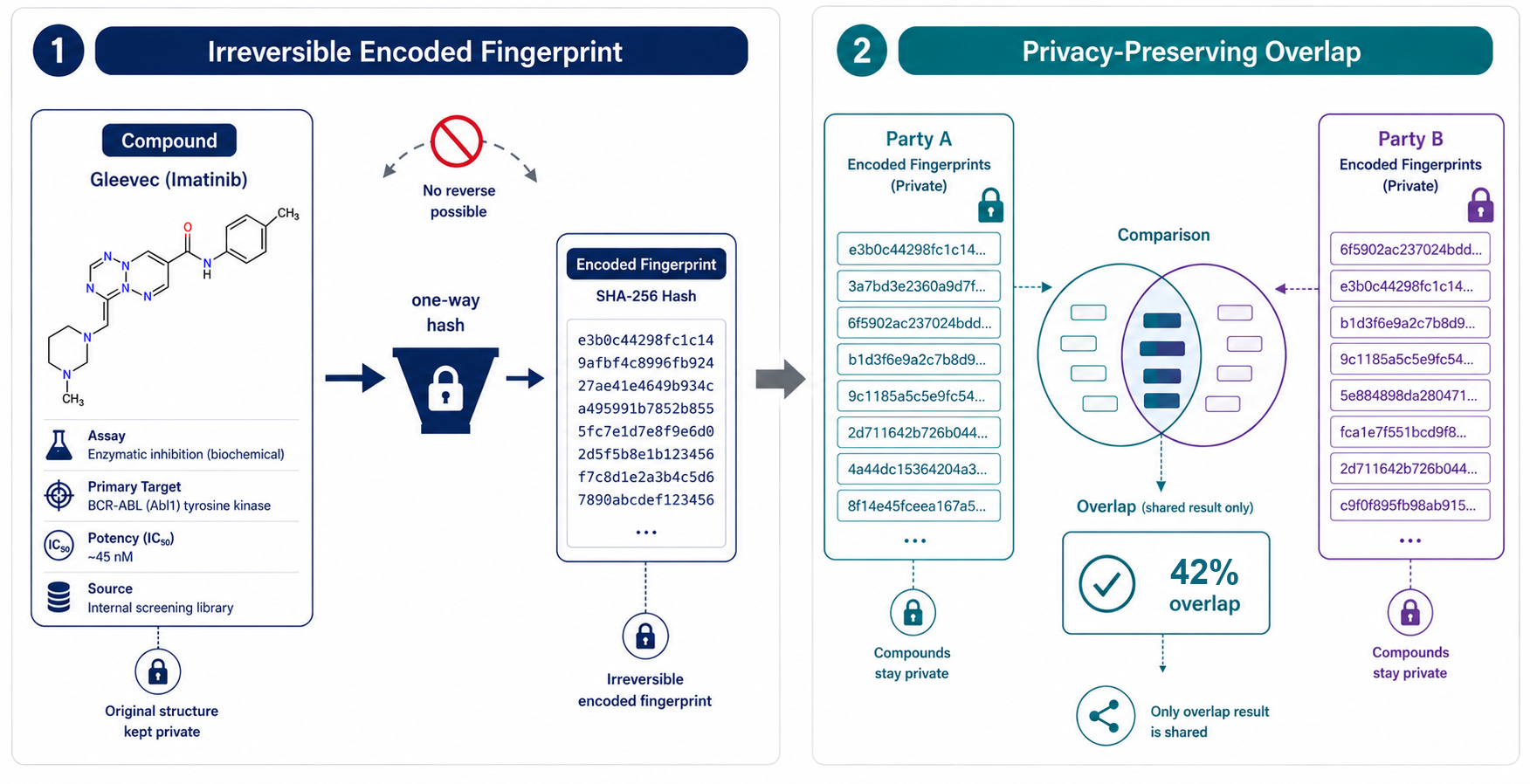 Two-panel diagram. Panel one: a compound, with its assay, primary target and potency, is reduced by a one-way SHA-256 hash to an irreversible encoded fingerprint, and the original structure is kept private. Panel two: two parties each hold a private list of encoded fingerprints, compare them, and learn only the percentage that overlaps.